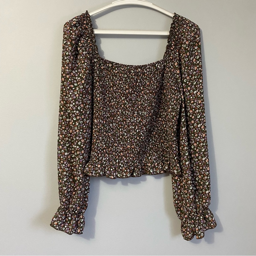 Hesperus Brown Floral Puff Sleeve Smocked Top